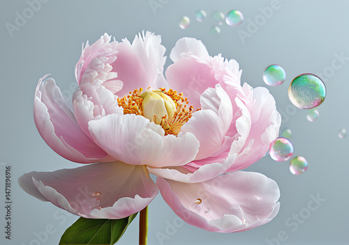 Obraz na płótnie Blooming pink peony flower with dew-covered petals and soft bubbles against a smooth gray background w salonie