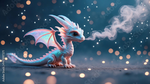 Little dragon breathing pastel-coloured smoke surrounded by stars