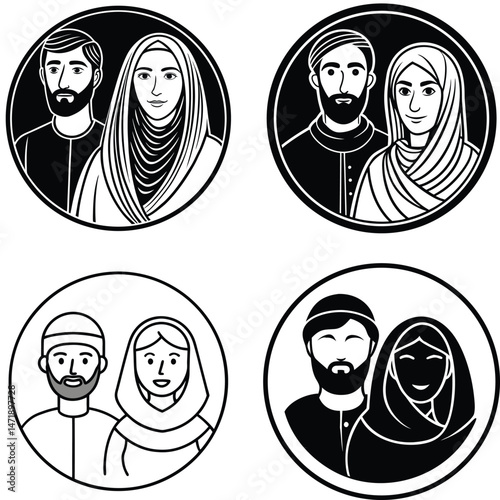 Four Illustrations of Muslim Couples in Traditional Attire