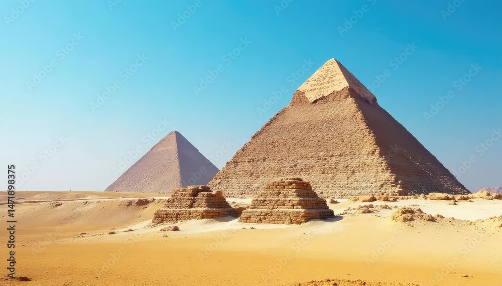 Majestic Egyptian pyramid against a clear blue sky Ancient wonder, desert landscape, sandstone, sun, heat, history, travel , majestic, african landscape, stone Majestic Egyptian pyramid against a clear blue sky Ancient wonder, desert landscape, sandstone, sun, heat, history, travel , majestic, african landscape, stone