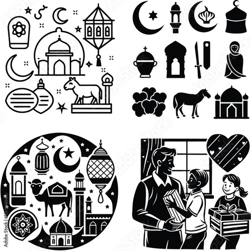 Eid al Adha Celebration Islamic Symbols and Family Gift Exchange