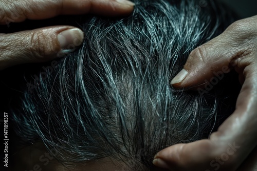 Graying Hair Detail with Hands Parting Strands photo