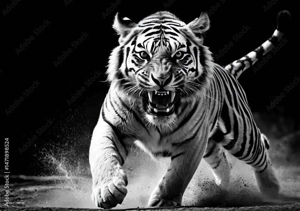 Action-Packed Tiger Roaring in Motion, Wildlife Photography, Natural Habitat, Dramatic Setting, Close-Up View