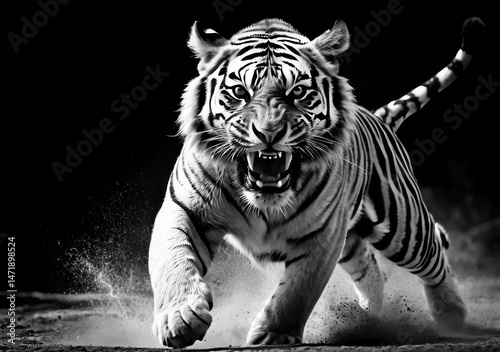 Obraz na płótnie Action-Packed Tiger Roaring in Motion, Wildlife Photography, Natural Habitat, Dramatic Setting, Close-Up View w salonie