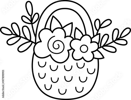 Vector black and white cartoon flower basket line clipart. Woodland or garden plant icon isolated on white background. Forest nature floral illustration, coloring page. Cottage core harvest