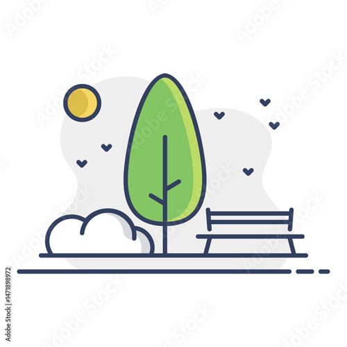 Public park bench and tree vector icon. Urban park
