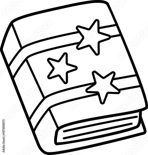 Vector black and white spell book with stars, front view. Back to school or fairytale educational line clipart. Cute copybook or spellbook. Blank sheets of paper. Fairy, witch magic coloring page