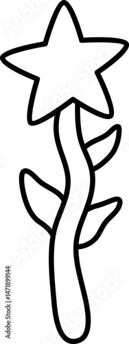 Vector black and white woodland fairy magic wand with star and leaves. Woodland princess or witch line icon. Fantasy forest illustration, coloring page. Magic fairytale twig shaped stick for spells