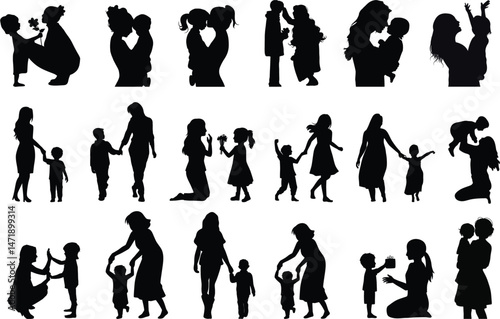 Silhouette Collection of Mothers with Children – Loving Family Moments Vector Set