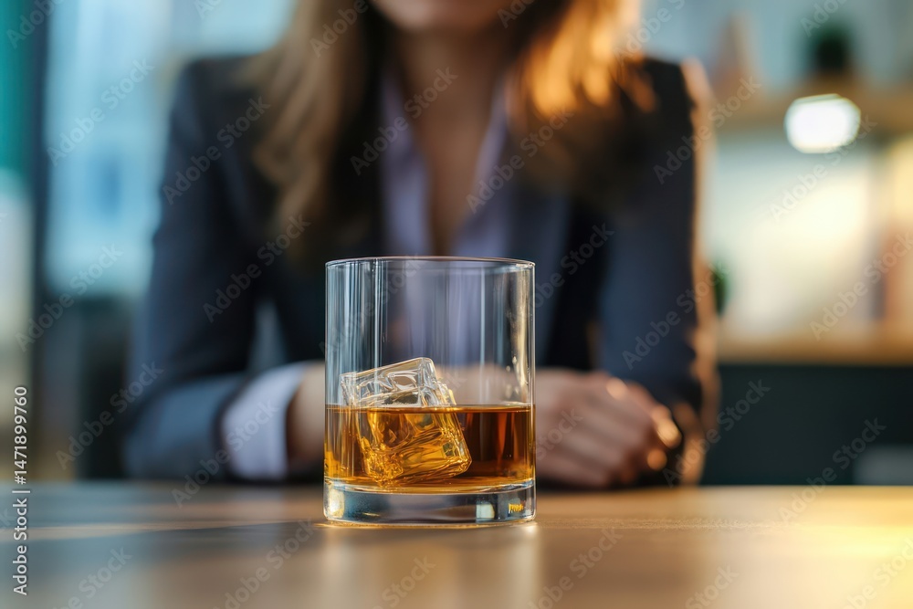 Overworked businesswoman drinking whiskey after hours Overworked businesswoman drinking whiskey after hours