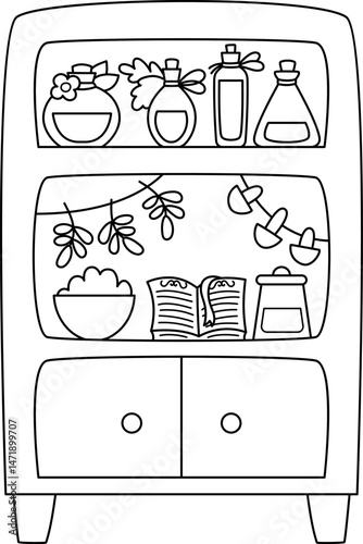 Vector black and white fairy cupboard clipart. Cute sideboard with girl potions, mushrooms, spell book. Woodland princess closet with clothes line clipart. Fantasy kitchen illustration, coloring page