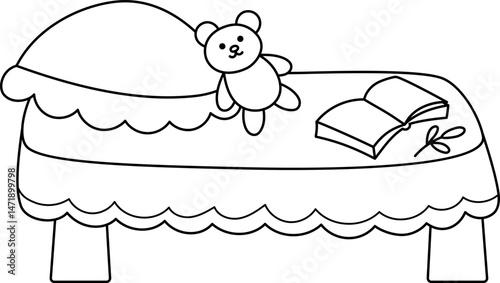 Vector black and white little girl bed clipart. Cute fairy bedroom furniture with pillow, duvet, opened book, teddy bear. Child, baby or kid cot line illustration. Magic, fairytale home coloring page
