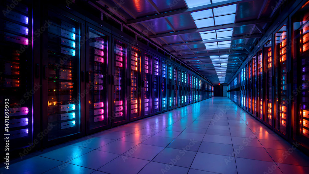 Fototapeta premium Modern High Performance Data Center Infrastructure, Illuminated Server Racks in Futuristic High-Tech Network Corridor. Next-Gen Computing Facility