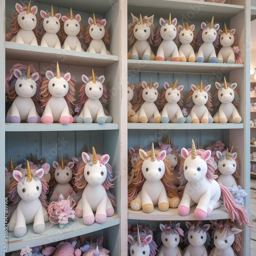 Charming shop display filled with handmade yarn unicorn plushies, arranged on pastel-colored wooden shelves, soft lighting, whimsical gift shop ambiance