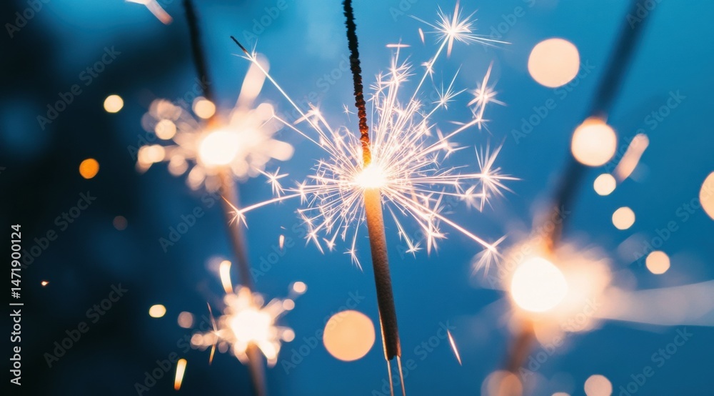 Obraz premium Close-up of sparklers on a blue background, top view. New Year's celebration concept with copy space.