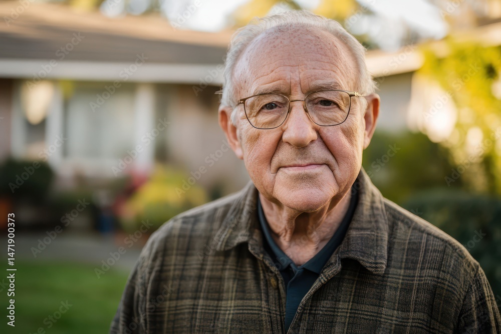 Senior man standing in front of suburban house Senior man standing in front of suburban house