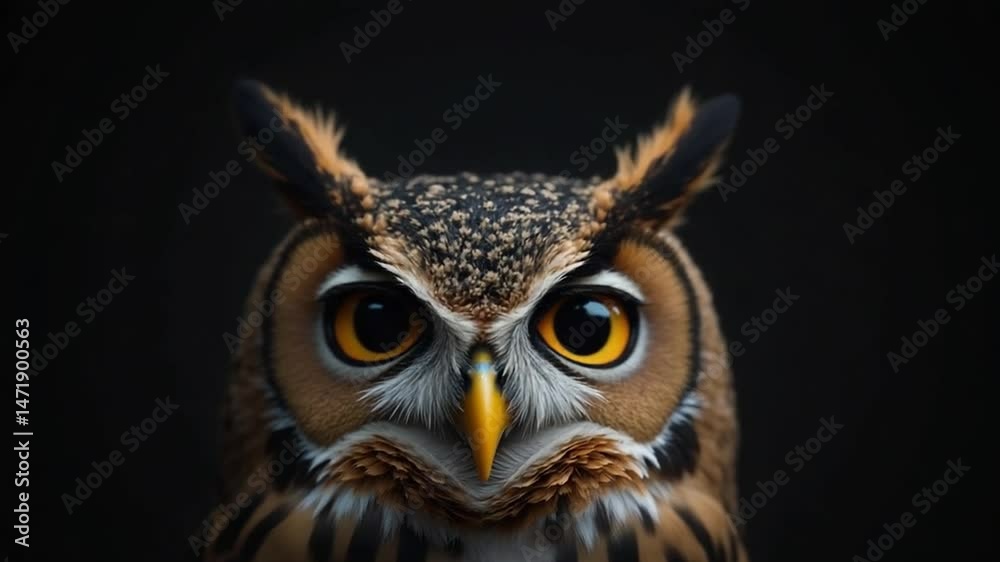 Intense Close-Up of an Owl's Face with Bright Yellow Eyes Against a Dark Background Intense Close-Up of an Owl's Face with Bright Yellow Eyes Against a Dark Background