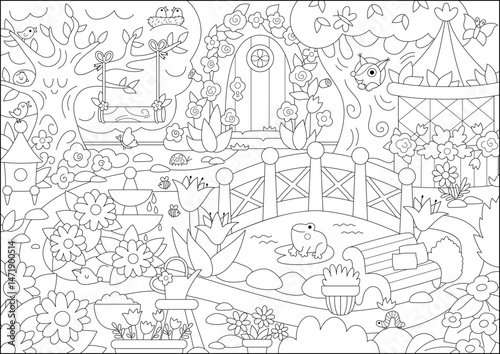 Vector empty black and white fairy garden background. Fairytale little princess back yard landscape. Magic orchard line scenery with fountain, pond, bench. Fantasy scene illustration, coloring page