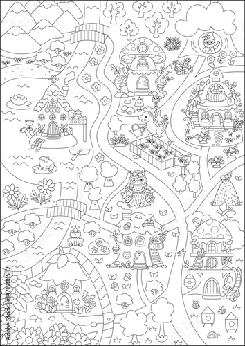 Vector black and white fairyland map background. Cute fairy land landscape. Woodland scenery with treehouses, dragon, roads, bridge, river. Fantasy forest line scene illustration, coloring page