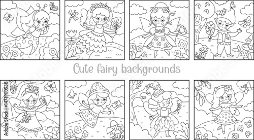 Vector black and white square fairy backgrounds set. Fairyland line landscape collection. Cute scenery with magic princess with meadow, flower. Fantasy nature scene illustration, coloring page