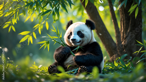  Playful panda character holding a bamboo stalk, sitting under a leafy tree