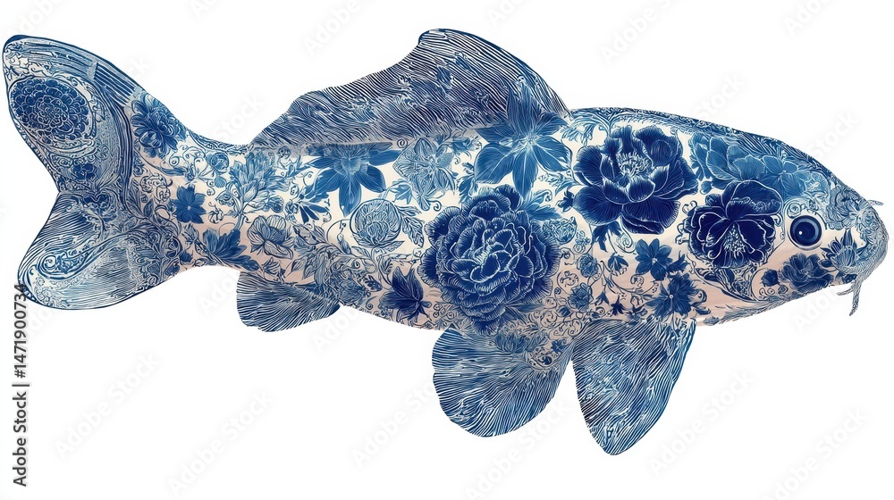 Fototapeta premium Ornate koi fish design with floral patterns.