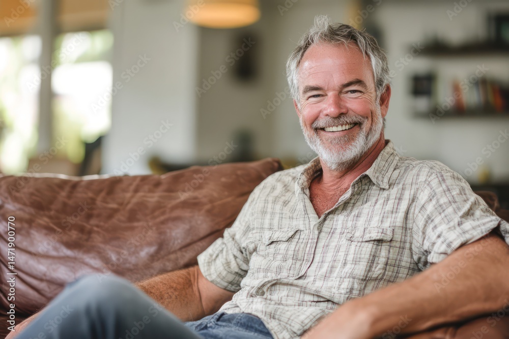 Smiling man relaxing at home in sunlight