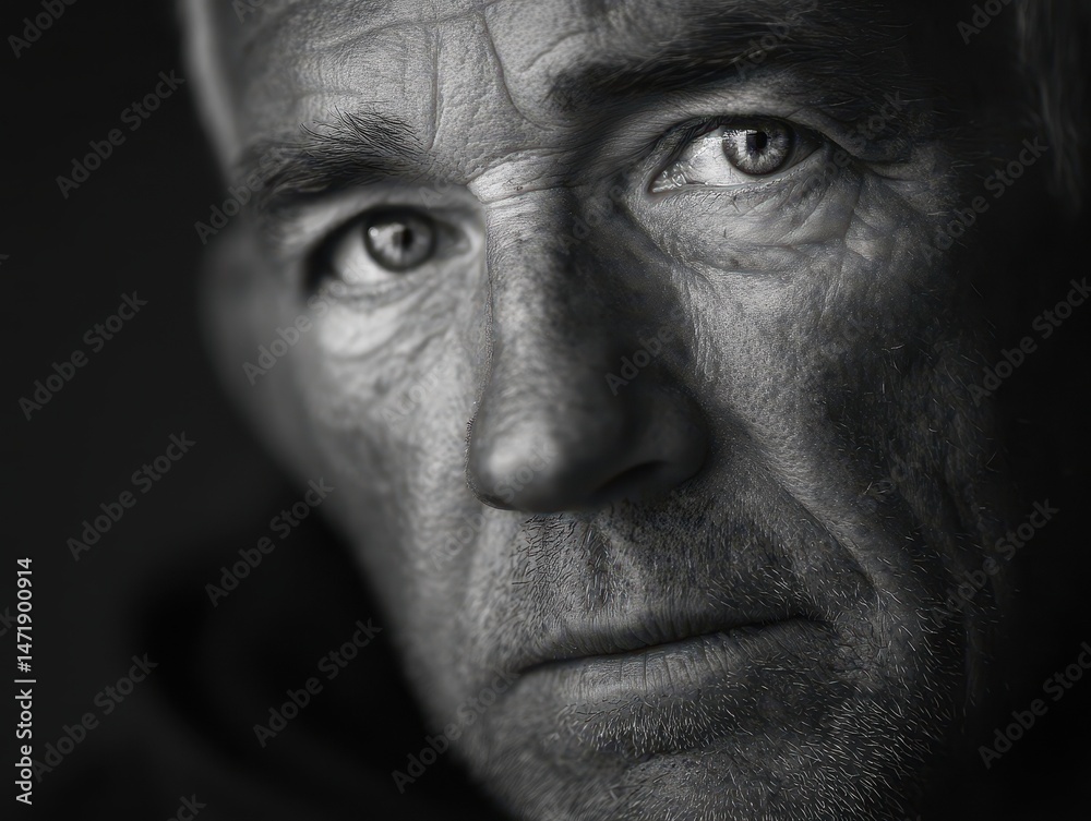 Obraz premium Close-up grayscale portrait of a pensive older man.