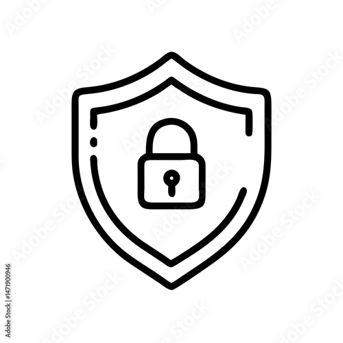 Minimalist black line icon of a shield with a padlock in the center, on a white background. For cybersecurity, data protection, or antivirus software themes.