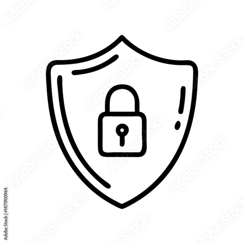 Minimalist black line icon of a shield with a padlock in the center, on a white background. For cybersecurity, data protection, or antivirus software themes.