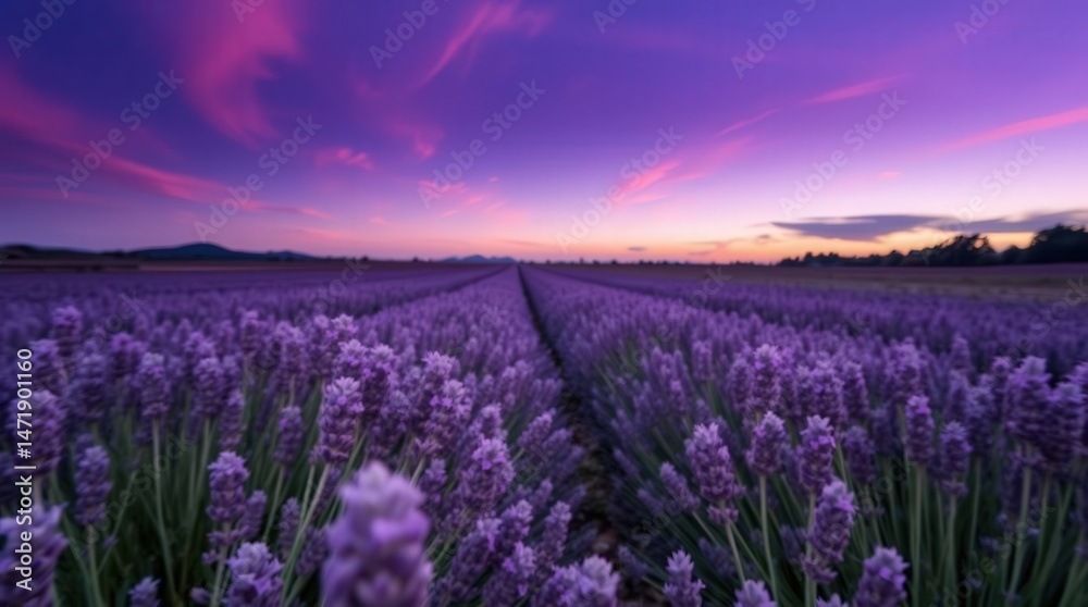 Obraz premium Lavender Field at Sunset with Vibrant Sky and Soft Clouds