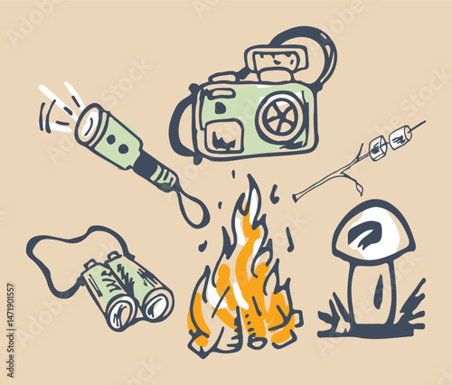 Hand drawn camping elements vector illustration