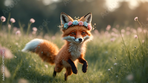 Playful fox character with a flower crown, prancing through tall grass