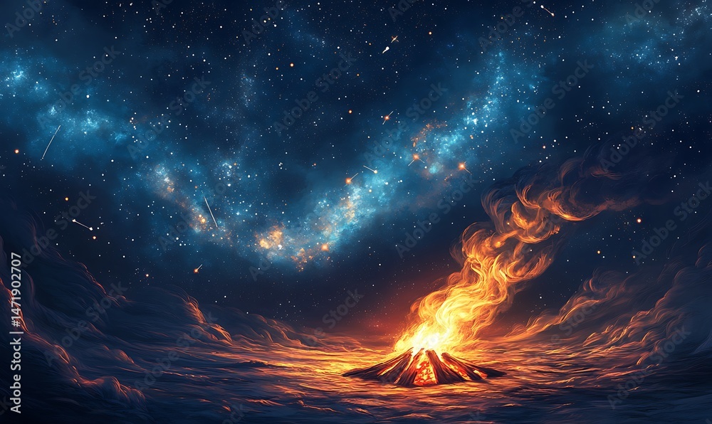 A vibrant bonfire is burning under the vast starry night sky