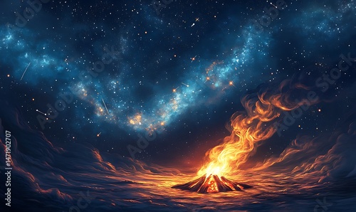Obraz na płótnie A vibrant bonfire is burning under the vast starry night sky w salonie