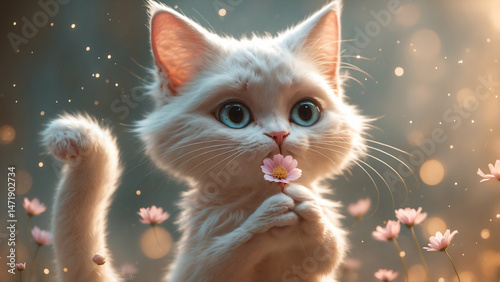 Sweet cat character with a flower in its mouth, surrounded by soft glowing light