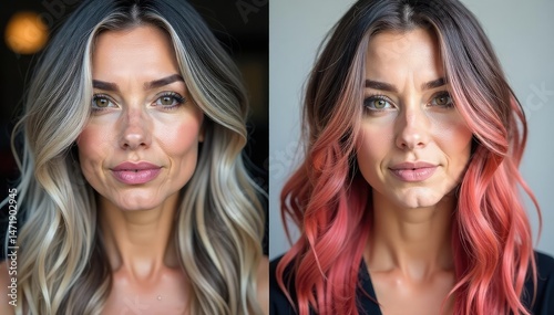 Close-up of grey hair before and after a color treatment, showcasing vibrant, youthful locks , hairstyle, hair product, conditioner