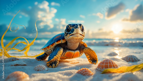 Cheerful baby turtle with a heart-shaped shell, crawling on a beach