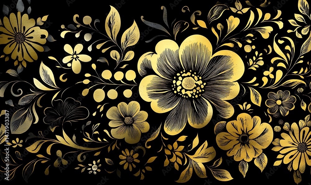Golden Floral Pattern Displayed Across a Dark and Black Background