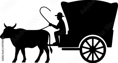 Silhouette of a farmer in a covered wagon pulled by oxen.