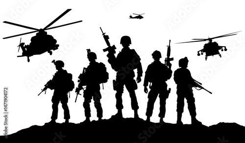USA military army soldiers with weapon at war. Army soldier or veteran in attack with helicopter. American independence or memorial day vector silhouette background with pride, honor and security icon