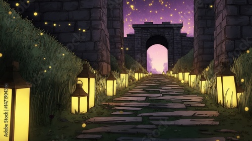 Enchanted pathway illuminated by lanterns leading to a mystical archway at dusk