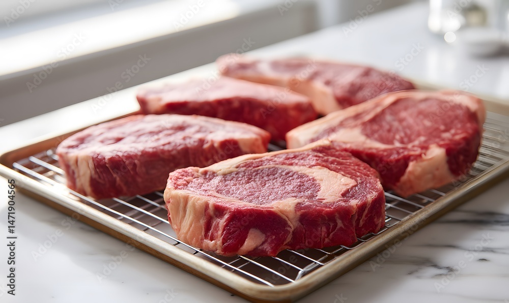 Fototapeta premium raw marbled beef steaks arranged on a wire rack over a baking tray, Generative AI