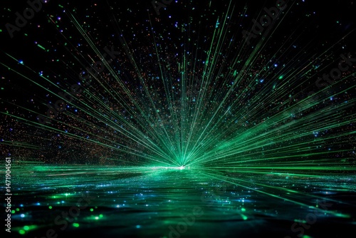 Intriguing scene of green laser beams exploding across a dark and reflective surface.