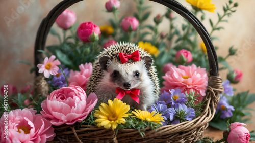 Sweet baby hedgehog with a tiny red bow, sitting in a basket of flowers