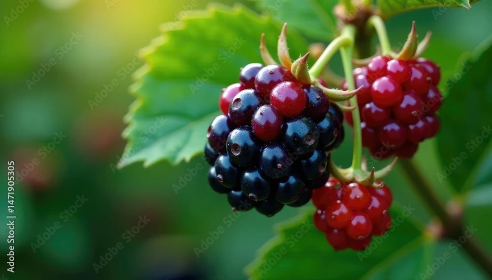 Close-up of ripe blackberries on the vine, glistening with dew , pie, harvest, food Close-up of ripe blackberries on the vine, glistening with dew , pie, harvest, food