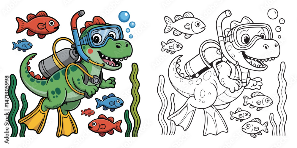 Naklejka premium A Set of Scuba Diving Dinosaur Coloring Page – Fun Underwater Adventure Illustration for Kids