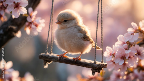 Cheerful baby bird perched on a swing, surrounded by cherry blossoms