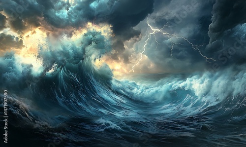 A turbulent ocean scene featuring large waves and striking lightning