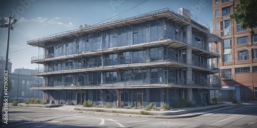 Blueprint overlay on a photo of a building design ,  image,  illustration,  digital